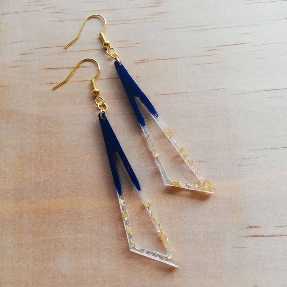 Handmade Long Drop Navy and Gold Triangle Resin Earrings Dangle