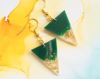 Handmade green and gold triangle resin, golden leaf, gold plated hooks