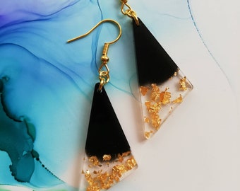 Handmade black and gold triangle resin earrings, gold plated hooks, women earrings