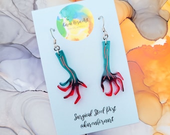 Handmade zombie hands resin earrings, green and red, Halloween earrings