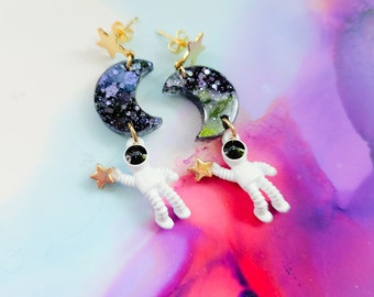 Handmade cute spaceman and resin moon charm earrings