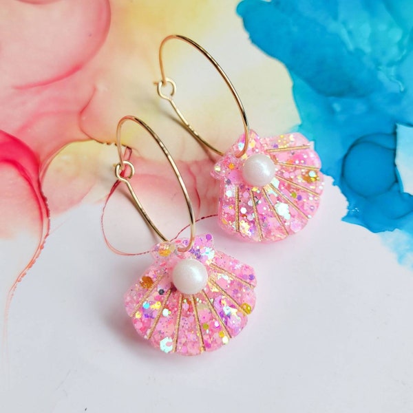 Handmade pink glitter seashell resin charms on gold plated hoop earrings