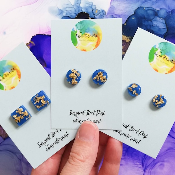 Handmade electric blue resin earring studs with encased gold leaf, hypoallergenic surgical steel