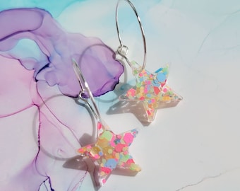 Handmade neon pastel glitter star resin charm hoop earrings