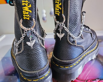 Handmade black glitter moon and stainless steel skull moth boot charms and chains