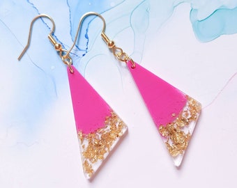 Handmade pink and gold triangle resin earrings