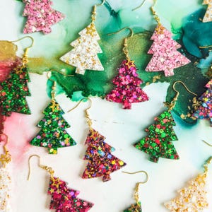 Handmade Glitter Resin Christmas Tree Earrings Gold Plated Hooks