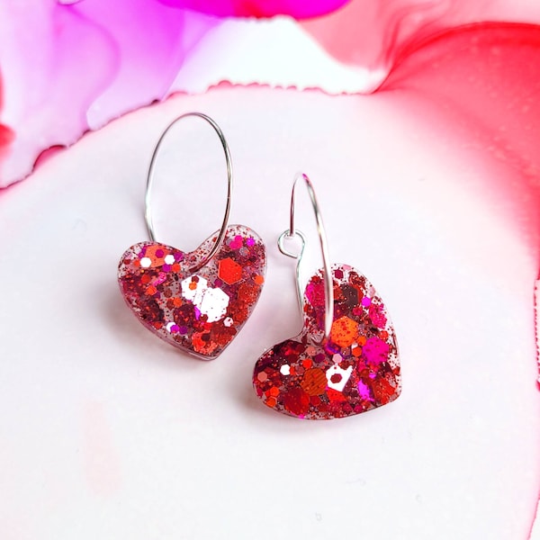 Handmade pink and red glitter resin hearts hoop earrings, silver plated hoops