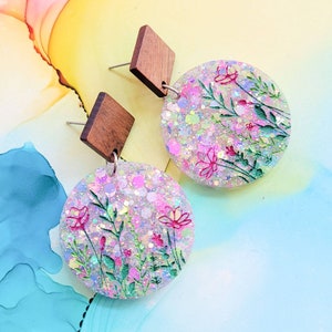 Handmade glitter meadow resin earrings and wooden stud, pink, blue, green