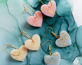 Handmade gold plated  heart resin earrings, pastel blue, pink or cream, choose between hoops or hooks