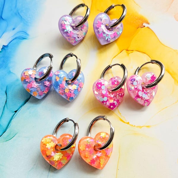 Handmade Glitter Heart Earrings: Chunky Stainless Steel Hoops