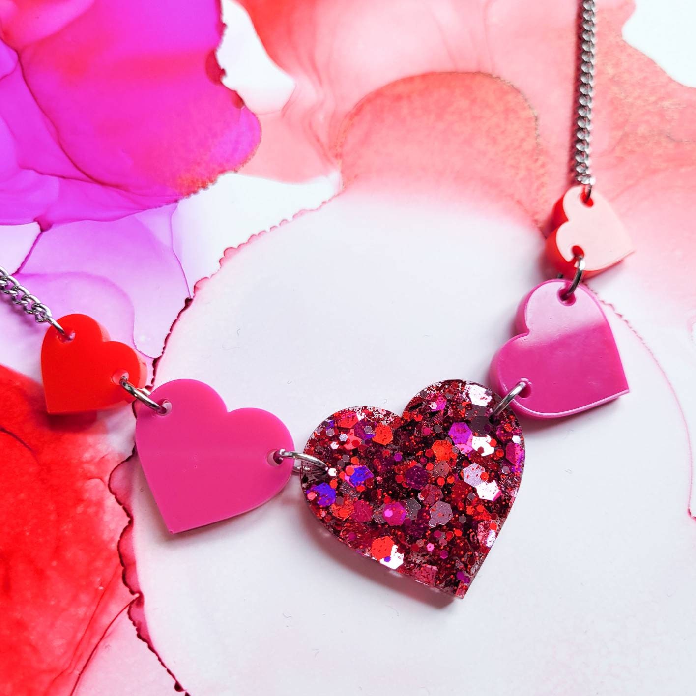 Handmade Pink, Red & Glitter Hearts Resin Necklace On Stainless Steel Chain, Women Gift