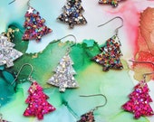 Handmade dangle drop resin Christmas tree glitter earrings, star charm, surgical steel hooks, festive earrings