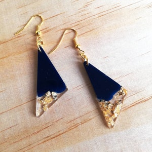 Triangle navy and gold resin earrings, dangle, drop, autumn, fashion, jewellery, gift for her, women, gold plated