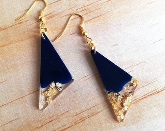 Triangle navy and gold resin earrings, dangle, drop, autumn, fashion, jewellery, gift for her, women, gold plated