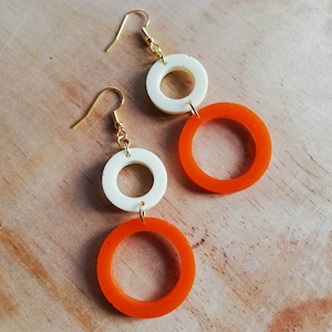 Handmade Resin Circle Drop Earrings: Orange Ivory Gold Plated