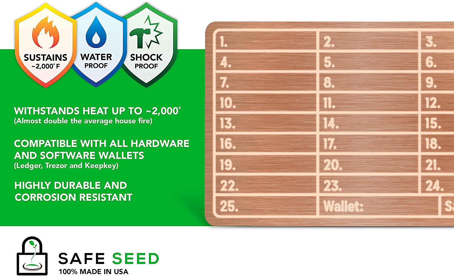 Safe Seed Copper Metal Wallet Stamp Plate – Crypto Backup For Trezor, Ledger, KeepKey, SS02