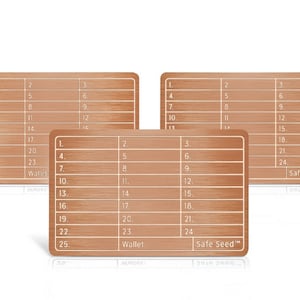 May include: Three wooden cards with a grid of numbers 1 through 25. The cards are labelled "Wallet" and "Safe Seed™".