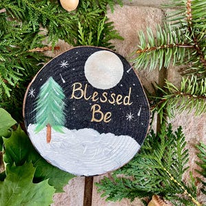 Hand-Painted Wood Yule Tree Decoration: Blessed Be Starry Night Pagan Yule Tree Ornament