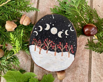Hand-Painted Moon Phases Wood Slice – Yule Coaster Ornament