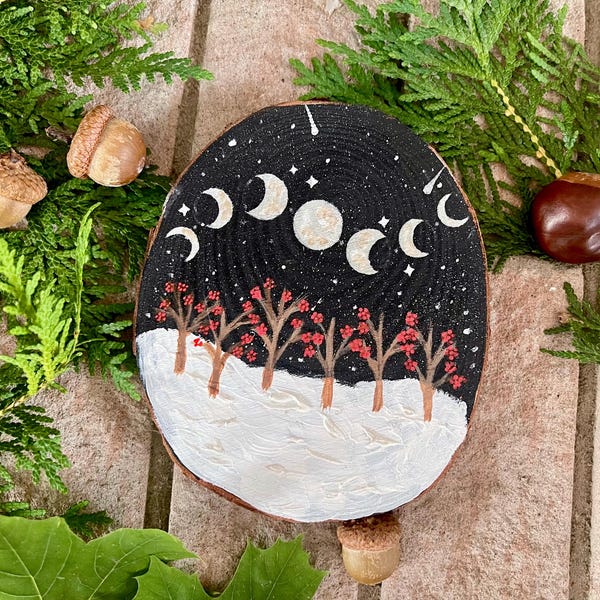 Hand-Painted Moon Phases Wood Slice – Yule Coaster Ornament