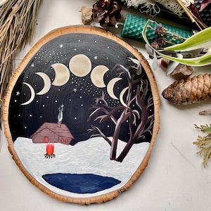 The Hermit Large Winter Theme Board with Moon Phases | Winter Home Decor & Gifts | Wood Slice Pagan Art