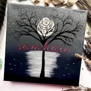Samhain Moonlit Reflection | Halloween Wall Art | Hand Painted Gothic Witchy Art on Canvas | Dark Aesthetic Pagan Wall Décor | Full Moon Art