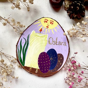Hand-Painted Wood Slice Ostara Home & Altar Decoration: Ostara Candle with Eggs | Ostara Decor | Wiccan Gifts