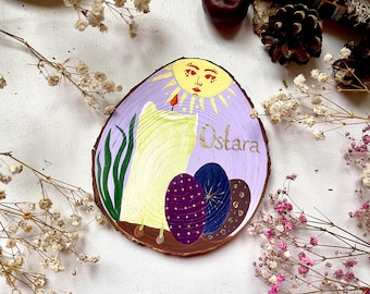 Rodaja de madera de Ostara pintada a mano para decoración del hogar y el altar: Vela de Ostara con huevos / Decoración de Ostara / Regalos wiccanos