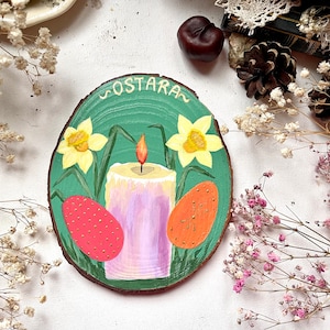 Hand-Painted Wood Slice Ostara Home & Altar Decoration: Ostara Candle with Eggs and Daffodil Flowers
