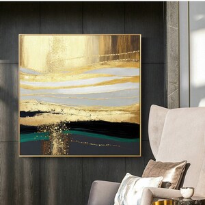 Square Wall Art, Digital Printable, Golden Brush Strokes of Elegance: Captivating Waves for Luxurious Home, Hotel, and Cruise Décor