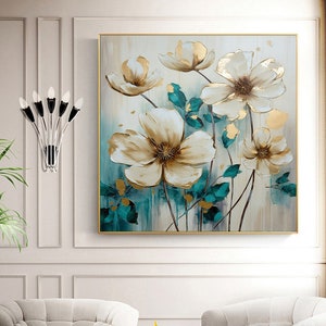 Soothing Home Decor: Teal Flower Oil Painting on Light Beige - Wall Art Printable