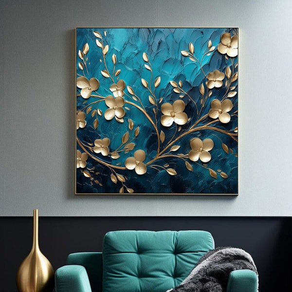 Wall Art Printable, Wall Decor, gold and turquoise painting with flowers, gold flowers on blue background, metallic finishes, wallpaper