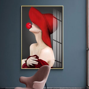 Donna con cappello rosso, Donna con cappello rosso, Bellezza con cappello rosso, donna stilizzata - labbra capanna rossa e gomma da masticare, Concetto per logo, cartoline, stampa, stile moda
