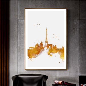 Paris City skyline golden silhouette, Summer in Paris, Simple flat concept for tourism presentation, Paris isolated on white, Eiffel Tower
