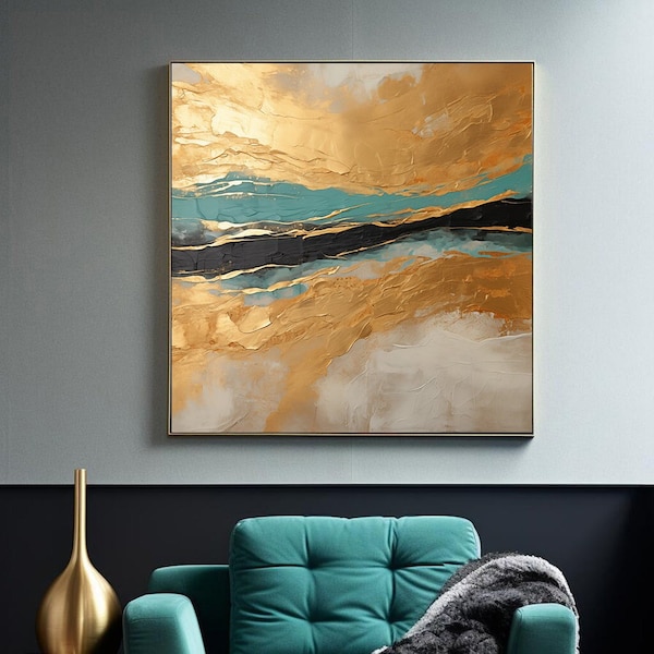 abstract painting with teal and gold colors, smooth lines, dramatic skies, hard edge painting, textured landscapes, wall art, wall decor