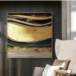 Opulent Elegance: Golden Wave Square Decor with Luxurious and Shimmering Brushstrokes for High-End Decorations, Wall Art Printable