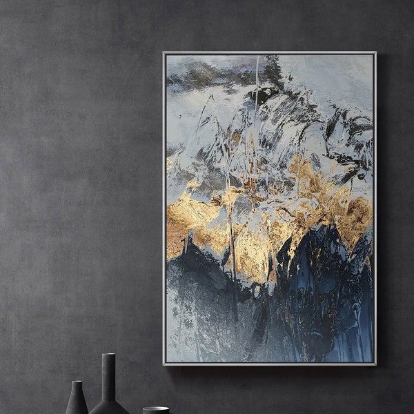 Abstract extra large wall art,  Mountain print, Wall Art on Canvas art Gold and white painting, acrylic painting on canvas printable, decor