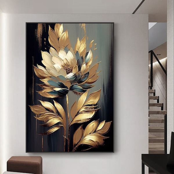 Luxurious Golden Blossoms: Captivating Floral Artwork for Elegant Home, Hotel, and Cruise Decor, Wall Art Printable