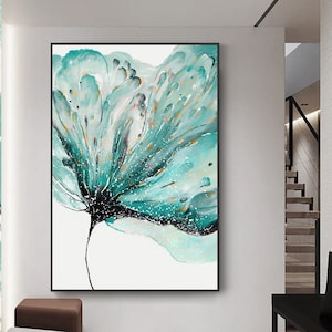Druckbare Original Blumen Gemälde, Türkis Wandkunst Abstrakte Blumen Kunstwerk, Skandinavische Poster Drucke Gold Wandkunst Bild Wohnzimmer