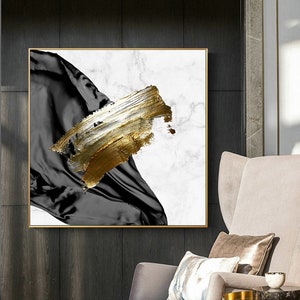 Muurkunst afdrukbaar Abstract gouden penseelvoorraad, Marmeren achtergrond zwart satijn, instant download Afdrukbaar, Luxe huisdecor voor inlijsten