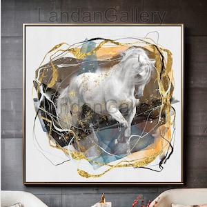 Art mural cheval blanc imprimable, décoration murale, feuille d&#39;or, art mural sur toile, impression poney art cheval, cheval au galop, impression art facile, téléchargement