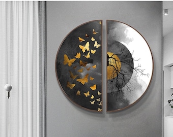 Original Modern luxury golden butterfly, Abstract round restaurant porch decorative painting for hanging, Black and white watercolor digital