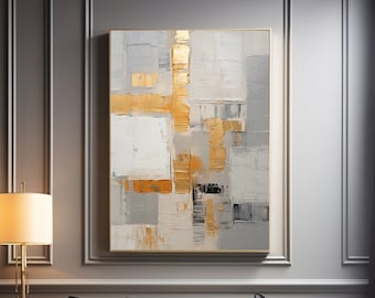 キャンバスボードに描かれた金色とグレーの抽象画、メタリックな長方形