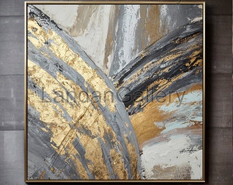 direct downloaden Afdrukbaar, met de hand geschilderd, abstract goudgrijs kleuren olieverfschilderij op doek, goudfolie abstract beeld voor wanddecoratie