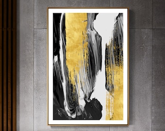 Golden foil black ink brush, Modern art, Digital art, Printable art, Digital art Instant Download, Abstract print, Abstract art, Asain Art