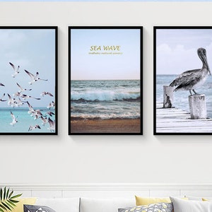 3 sets of sea wave print, Seagull printable, blue seascape, bird instant download, Ocean Prints, Digital Download, Surf Print, Ocean Art,