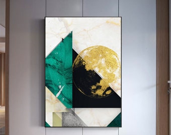 Green Black Gold Foil Abstract Printable artwork, simple home decor, minimalist Geometric painting, Nordic style Emerald print set