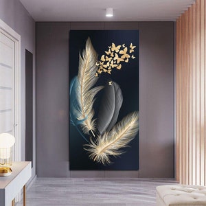 Veren hangend digitaal, gouden vlinders, moderne eenvoudige gouden abstracte veren luxe entree interieur decoratieve canvas schilderij