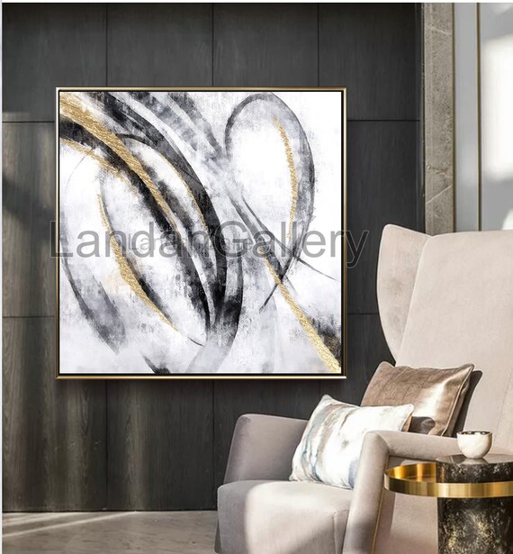 Black & White Canvas wall art, abstraction, acrylic painting, art charcoal, gold effect